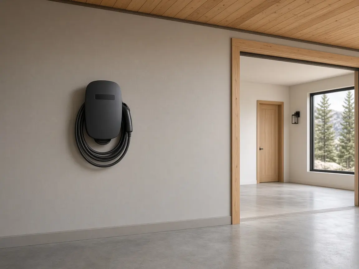 A wall-mounted EV charger on a plaster garage wall beside a wood-trimmed opening.